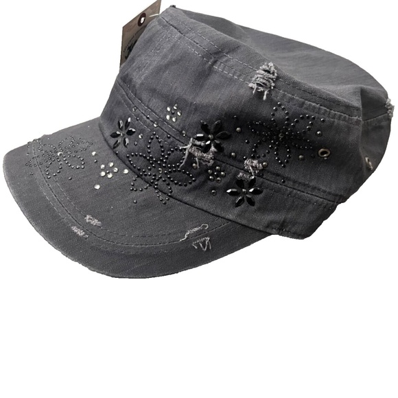 Women's Ililily Gray Distressed Embellished Military Army Hat Cadet Cap - Picture 2 of 14